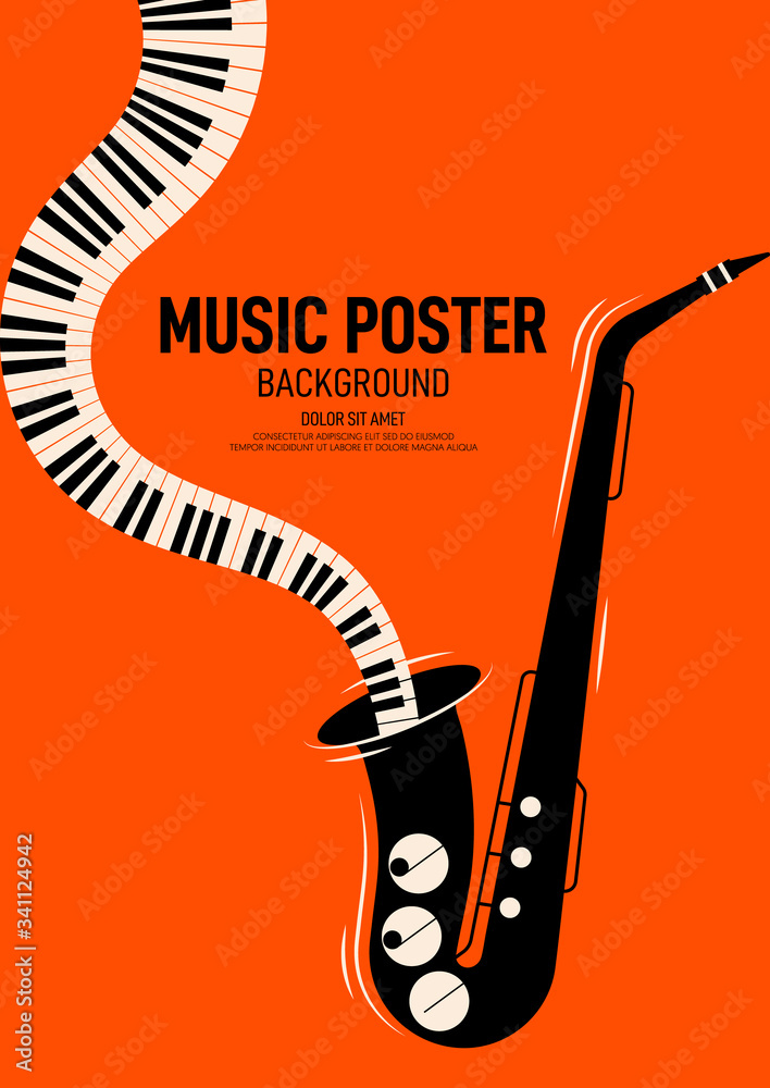Fotografia Music poster design template background decorative with  saxophone and piano keyb su