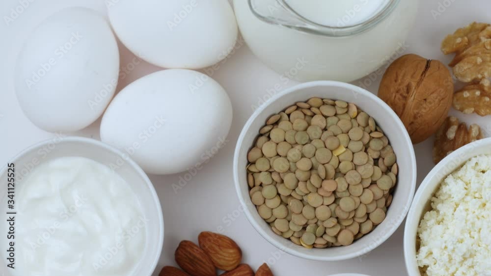 Conceptual video. Vegetarian foods containing protein and calcium. Top view.