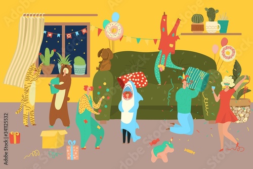 People in costumes at carnival home party room, friends celebrating birthday or halloween, celebration kids flat vector illustration. Happy men and women in costumes of animals, clowns at masquerade.