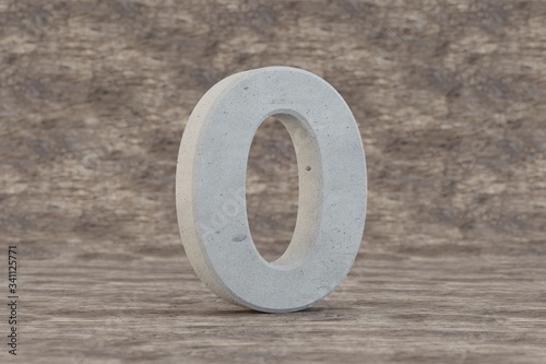 Concrete 3d number 0. Hard stone number on wooden background. Concrete alphabet with imperfections. 3d rendered font character.