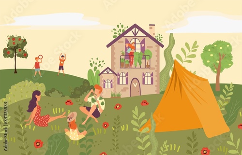 Fototapeta Naklejka Na Ścianę i Meble -  People in garden, picnic in backyard of country house, outside in summer nature with kids and tent flat vector illustration. Family with children playing in garden, on grass leisure activity.
