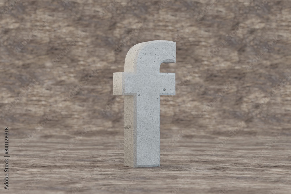 Concrete 3d letter F lowercase. Hard stone letter on wooden background. Concrete alphabet with imperfections. 3d rendered font character.