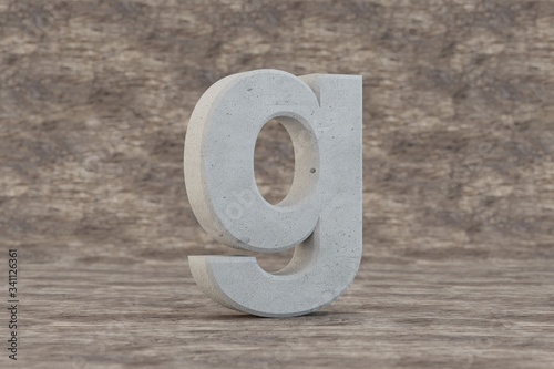 Concrete 3d letter G lowercase. Hard stone letter on wooden background. Concrete alphabet with imperfections. 3d rendered font character.