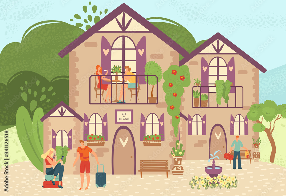 Hotel bed and breakfast for travel vacation and tourism, tourists with luggage make reservation in hostel flat vector illustration. Appartaments with bed and breakfast, rooms for travellers. Hotel bed and breakfast for travel vacation and tourism, tourists with luggage make reservation in hostel flat vector illustration. Appartaments with bed and breakfast, rooms for travellers.