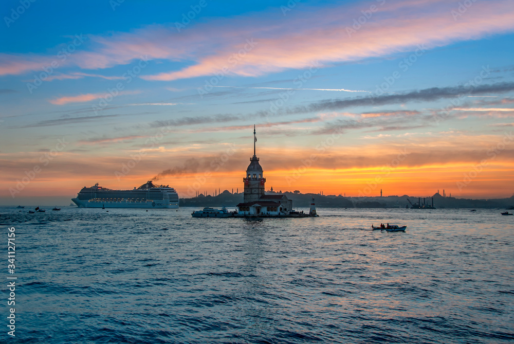 Istanbul, Turkey, 29 October 2008: Sunrise, Maiden's Tower, Tourist Cruise Ship