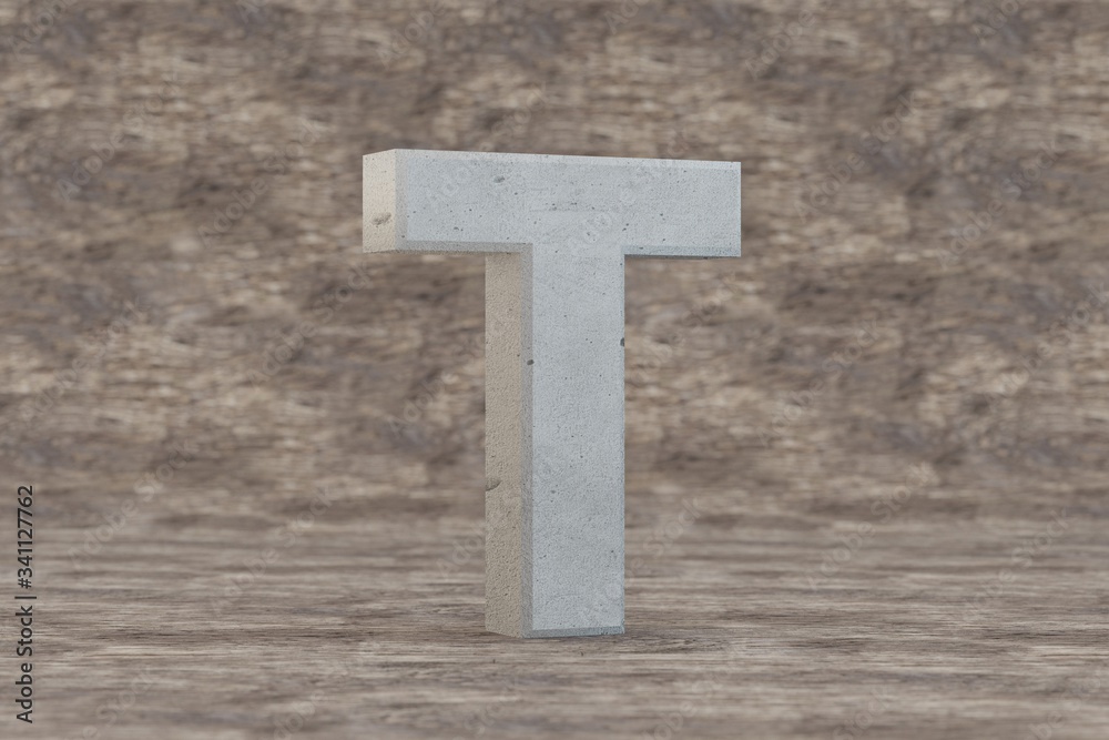 Concrete 3d letter T uppercase. Hard stone letter on wooden background. Concrete alphabet with imperfections. 3d rendered font character.