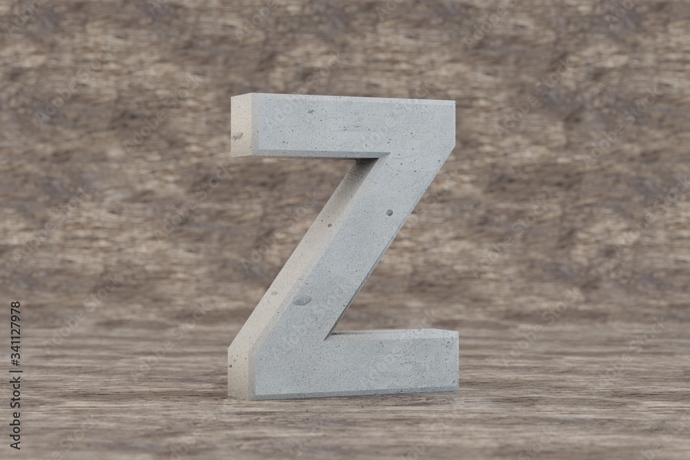 Concrete 3d letter Z uppercase. Hard stone letter on wooden background. Concrete alphabet with imperfections. 3d rendered font character.