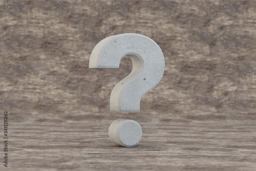 Concrete 3d question symbol. Hard stone sign on wooden background. Concrete alphabet with imperfections. 3d rendered font character. Concrete 3d question symbol. Hard stone sign on wooden background. Concrete alphabet with imperfections. 3d rendered font character.