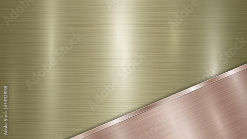 Background consisting of a golden shiny metallic surface and one polished bronze plate located in corner, with a metal texture, glares and burnished edge
