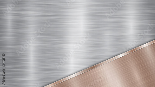 Background consisting of a silver shiny metallic surface and one polished bronze plate located in corner, with a metal texture, glares and burnished edge