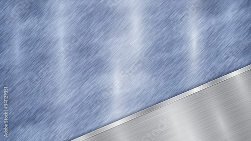 Background consisting of a blue shiny metallic surface and one polished silver plate located in corner, with a metal texture, glares and burnished edge