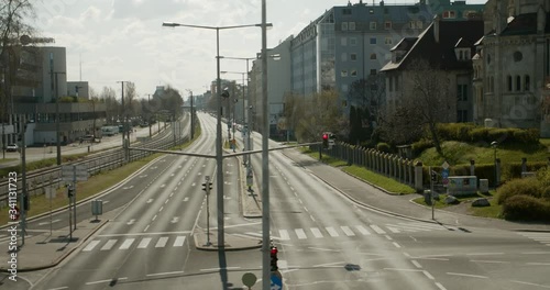 Shutdown Vienna, Austria - Tracking shot over a deserted empty multi-lane road, left to right