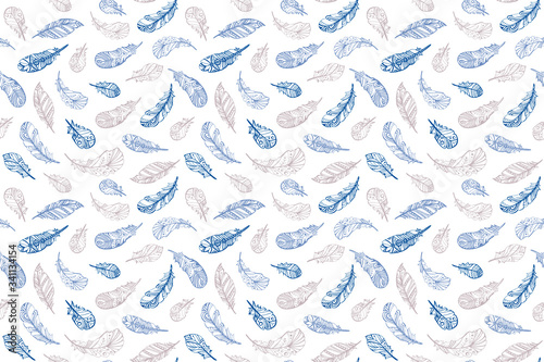 Pattern of blue and beige feathers on a white background; background of different feathers; magic pattern of flying feathers; blank for creativity.
