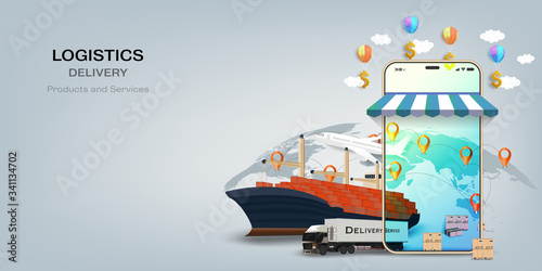 Online delivery service concept, online mobile order tracking,Delivery home and office. City logistics. Warehouse, truck, forklift, courier. vector illustration.