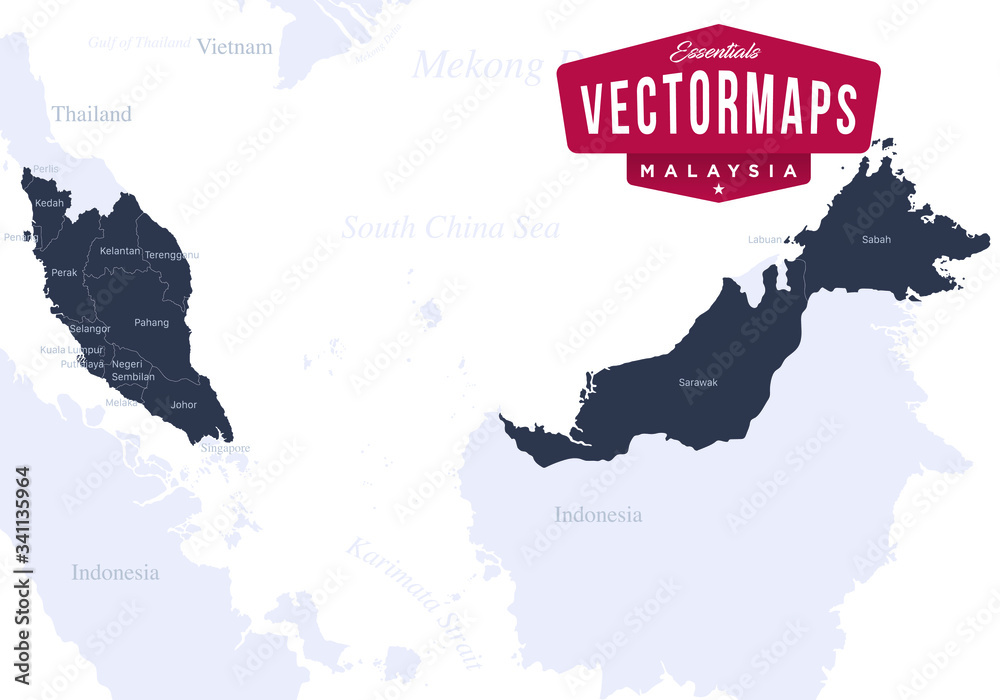 Malaysia Political Map | All 13 Federal States in High Detail - Vector ...