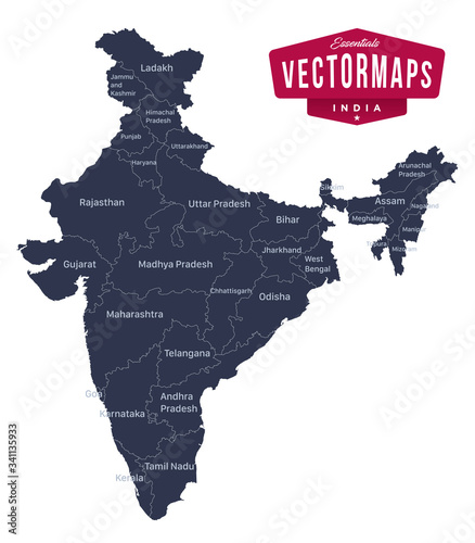 India Political Map | High detailed and accurate shapes. states in separate named sublayers - Vector Essentials