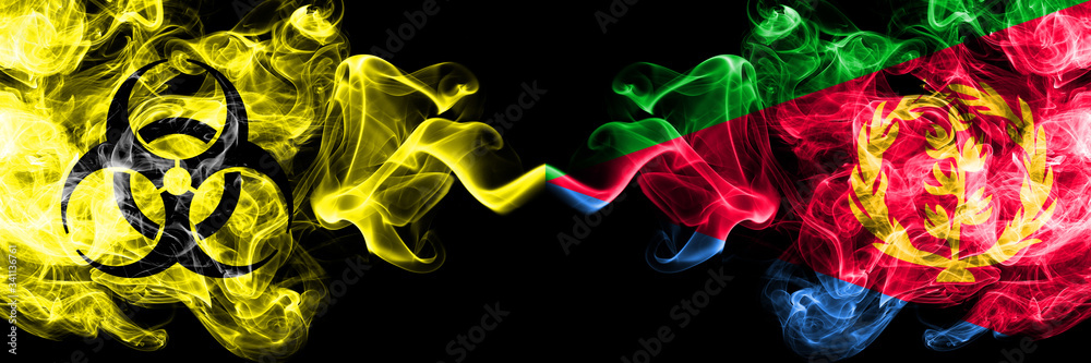 Quarantine in Eritrea. Coronavirus COVID-19 lockdown. Smoky mystic flag of Eritrea with biohazard symbol placed side by side. Quarantine in Eritrea. Coronavirus COVID-19 lockdown. Smoky mystic flag of Eritrea with biohazard symbol placed side by side.