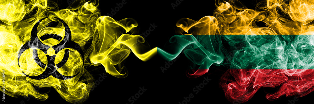 Quarantine in Lithuania, Lithuanian. Coronavirus COVID-19 lockdown. Smoky mystic flag of Lithuania, Lithuanian with biohazard symbol placed side by side.