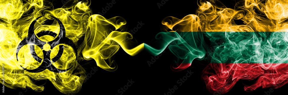 Quarantine in Lithuania, Lithuanian. Coronavirus COVID-19 lockdown. Smoky mystic flag of Lithuania, Lithuanian with biohazard symbol placed side by side. Quarantine in Lithuania, Lithuanian. Coronavirus COVID-19 lockdown. Smoky mystic flag of Lithuania, Lithuanian with biohazard symbol placed side by side.