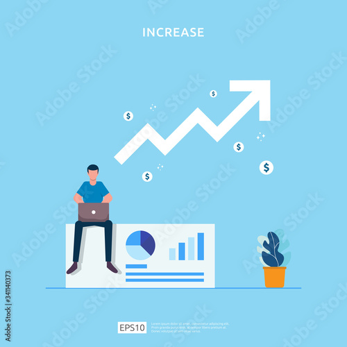 salary rate increase with growth up arrow and people character. business profit grow or income margin management revenue. Finance statistic performance of return on investment ROI illustration concept