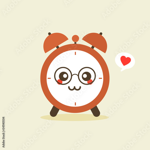 Cute and kawaii alarm clock character with face expression anda smile. Vector icon illustration for morning and waking up subjects, education, kids, school, students