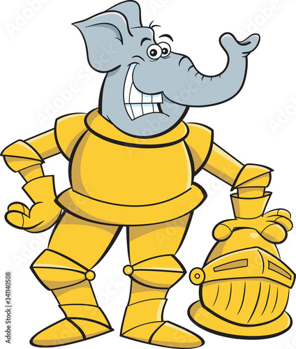 Cartoon illustration of a smiling elephant wearing a suit of armor.