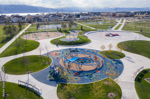 Low aerial over neighborhood playground and splashpad closed for covid-19