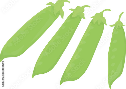 Four podded peas on a white background.