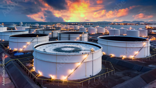 Canvas Print Storage of chemical products like oil, petrol, gas, Aerial view oil storage tank terminal and tanker, petrol industrial zone, Business commercial trade fuel and energy transport by tanker vessel