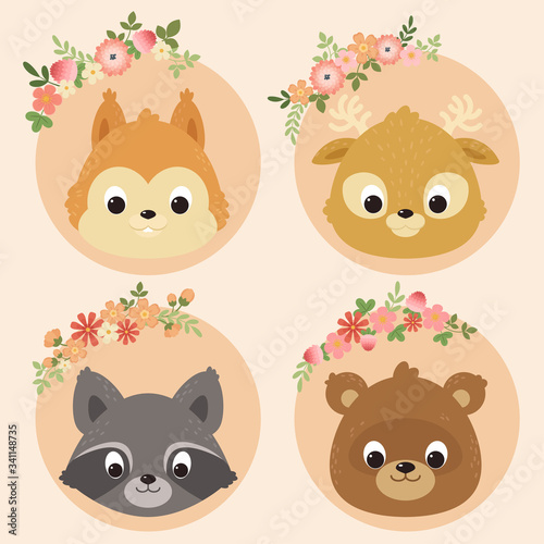 Fototapeta Naklejka Na Ścianę i Meble -  Cute animals portraits: a squirrel, deer, raccoon, bear. Cute characters design.
