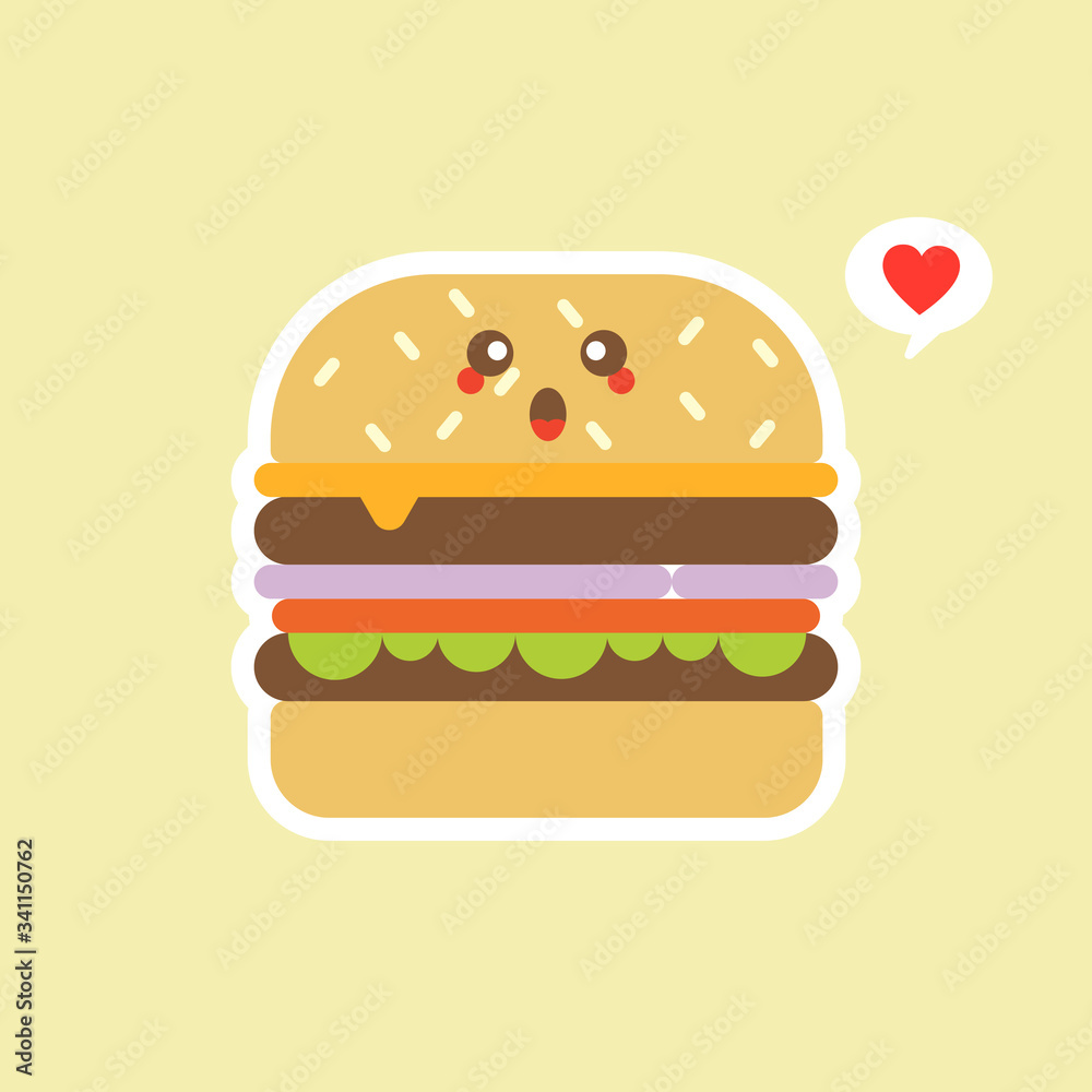 cute and kawaii vector cartoon cute burger character with cheese, meat and salad icon isolated on color background. Burger, tomatoes, pickled cucumbers, cheese, lettuce, bun. cute and kawaii vector cartoon cute burger character with cheese, meat and salad icon isolated on color background. Burger, tomatoes, pickled cucumbers, cheese, lettuce, bun.