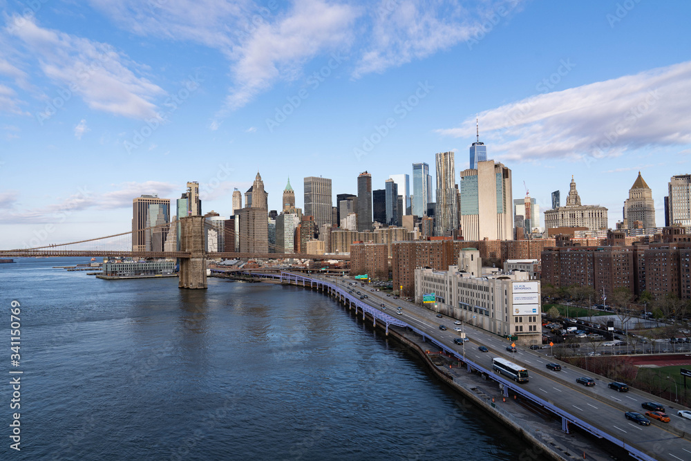 New York City skyline. Brooklyn bridge view. 