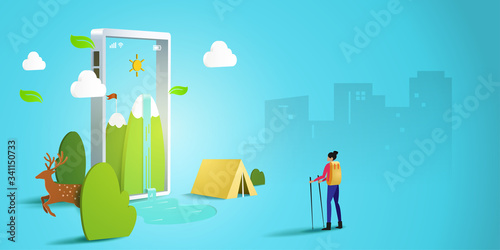 Smart phone and Online traveling,the man,mountain,waterfall and camping tent.Vector illustration.