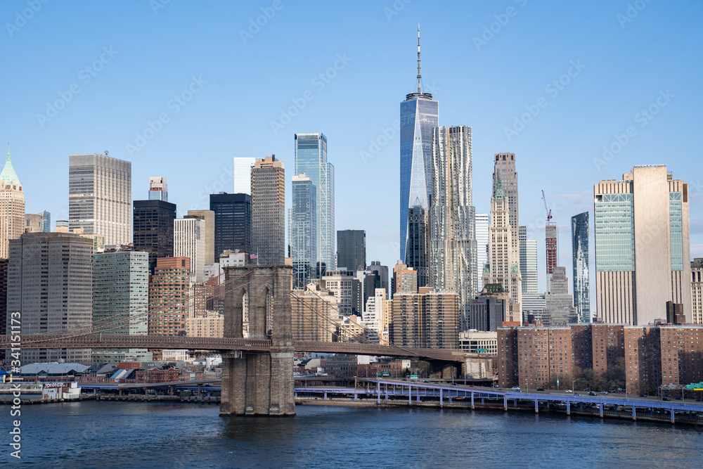 New York City skyline. Brooklyn bridge view. 