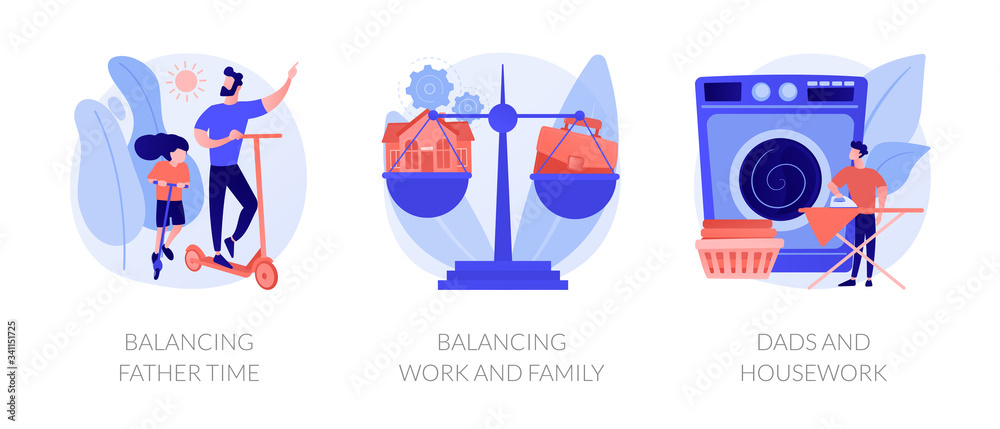 Fototapeta premium Father career and family balance metaphors. Parenting, multitasking, paternity leave. Single dad plating spending time with child and working abstract concept vector illustration set.