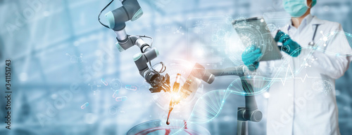 Robotics and doctor research and analysis checking coronavirus or covid-19 testing result on interface, To make a vaccine and inhibition of disease outbreaks, Science and Medical technology.