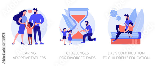 Children raising metaphors. Single father teaching son. Kids home education, divorced dads challenges, caring adoptive parents. Family life abstract concept vector illustration set.