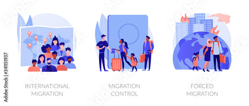 Population displacement, refugees metaphors. Forced and international migration, asylum seekers, emigrants control. National borders crossing abstract concept vector illustration set.
