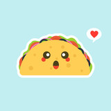 Taco character. Mexican food. Funny tacos with eyes. Vector illustration. Postcard or poster fast food, street food.  kawaii and cute Tacos  Mexican food kids menu, card concept