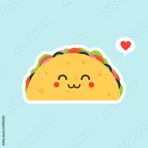 Funny Cartoon Character. Happy Taco. Colorful Vector Illustration.  kawaii and cute Tacos  Mexican food kids menu, card concept