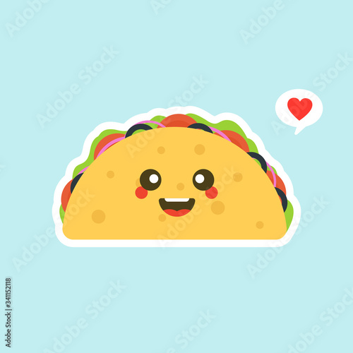 Cute happy taco . Isolated on color background. Vector cartoon character illustration design, simple flat style. kawaii and cute Tacos  Mexican food kids menu, card concept