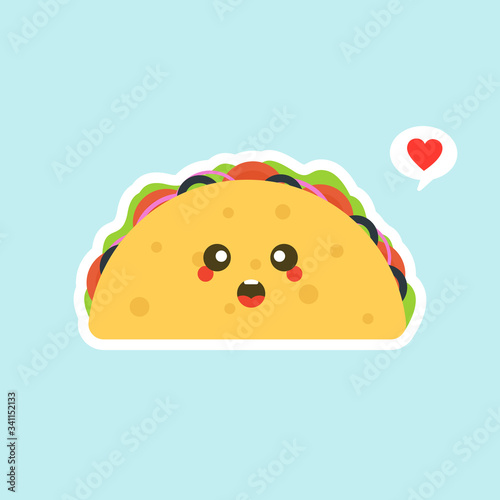 Delicious taco flat design illustration.  kawaii and cute Tacos  Mexican food kids menu, card concept