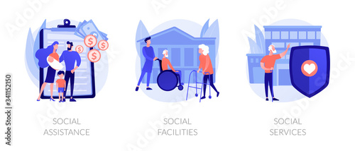 Caregiving and welfare services metaphors. Social assistance and facilities, nursery home caretakers, disability rehabilitation clinic abstract concept vector illustration set.