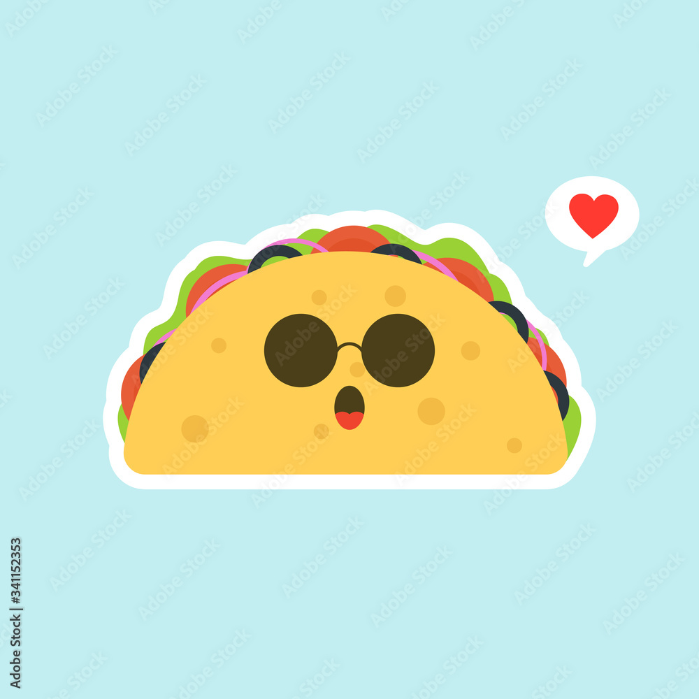 Taco food icon. Flat illustration of taco food vector icon for web design. kawaii and cute Tacos Mexican food kids menu, card concept Taco food icon. Flat illustration of taco food vector icon for web design. kawaii and cute Tacos Mexican food kids menu, card concept