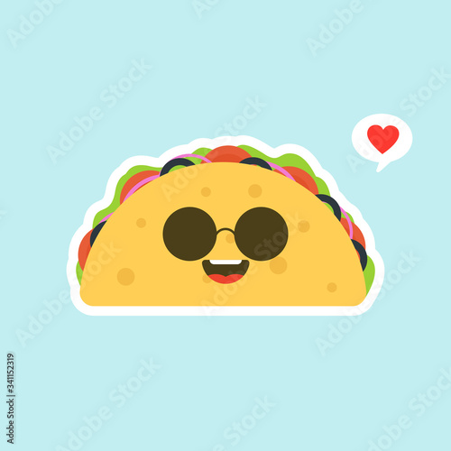 Vector illustration with mexican tacos kawaii food. The tortilla is going to tacos. Cute cartoon illustration isolated on color background. kawaii and cute Tacos  Mexican food kids menu, card concept photo
