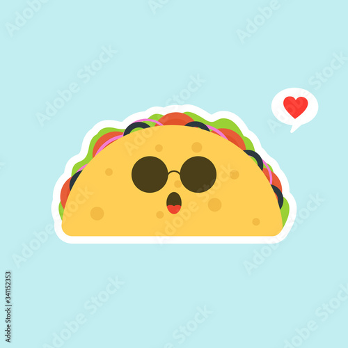 Taco food icon. Flat illustration of taco food vector icon for web design. kawaii and cute Tacos  Mexican food kids menu, card concept