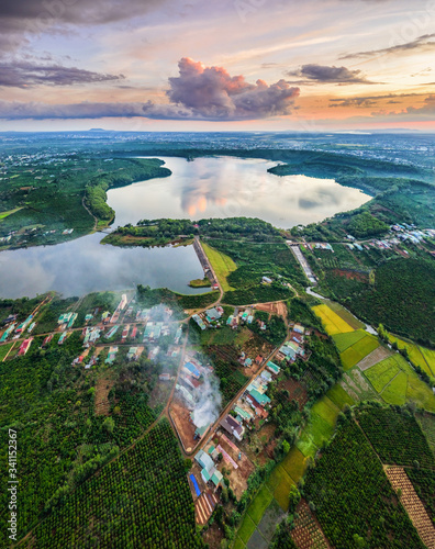 Aerial view of  To Nung lake or T’nung lake near  Pleiku city, Gia Lai province, Vietnam. To Nung lake or T’nung lake on the lava background of a volcano that has stopped working photo