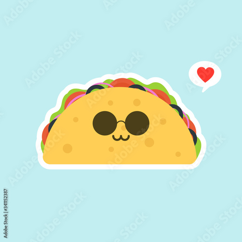 funny tacos. Taco mexican food. Vector illustration. tacos kawaii food. The tortilla is going to tacos. Cute cartoon illustration isolated on color background. kawaii and cute Tacos  Mexican food kids photo