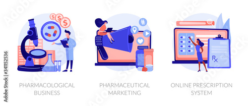 Pharmacological internet service development and promotion. Pharmacological business, pharmaceutical marketing, online prescription system metaphors. Vector isolated concept metaphor illustrations.
