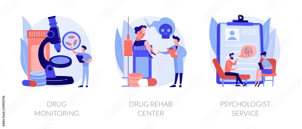 Addiction treatment, narcotic addict medication, recovery and rehabilitation. Drug monitoring, drug rehab center, psychologist service metaphors. Vector isolated concept metaphor illustrations.